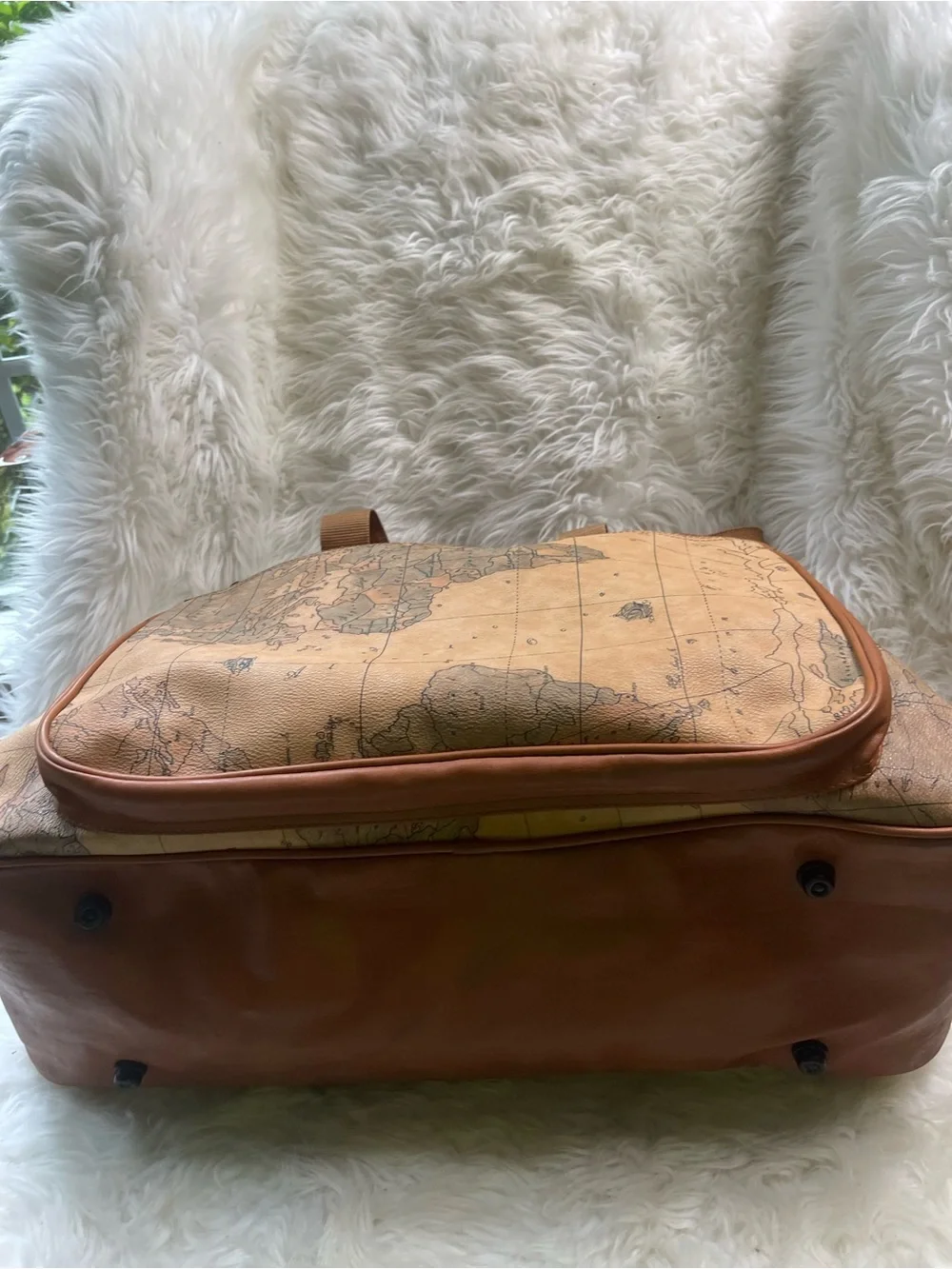 Vintage Europac world Map Travel Duffel Bag synthetic leather tan , brown trim.